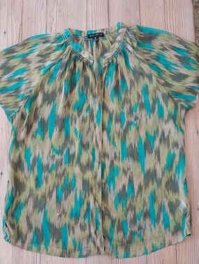 Willi Smith Teal and Olive Abstract Short-Sleeve Blouse